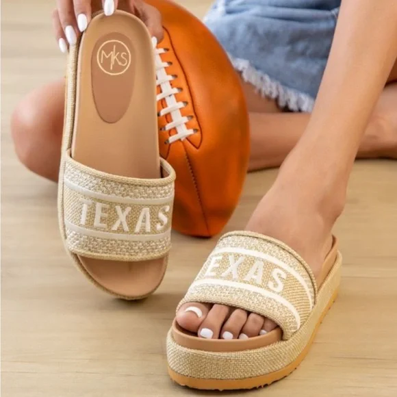 Embroidered Wedge Texas Slide Sandals - Tan - Picture 1 of 5